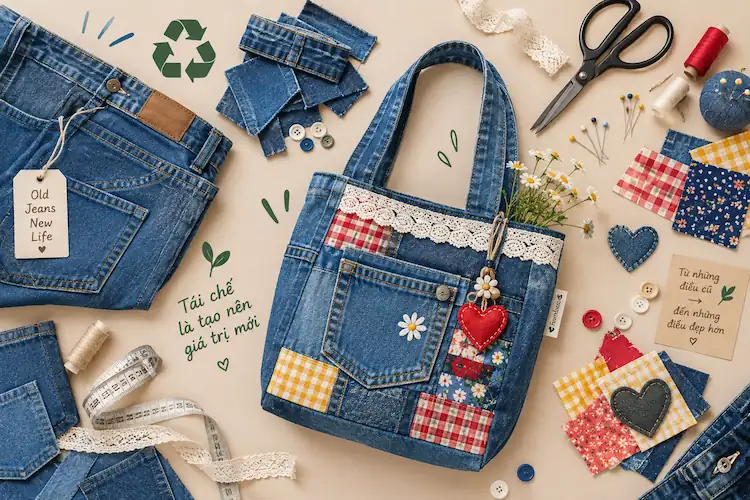 Tái chế quần jeans cũ thành túi tote có thể sử dụng