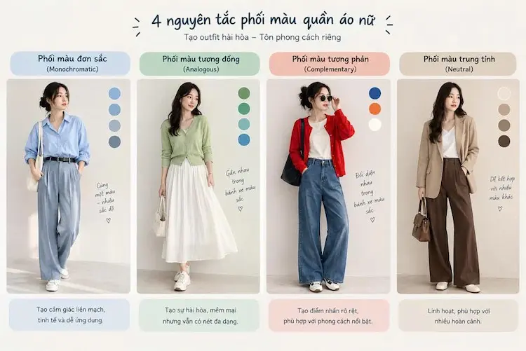 Bốn nguyên tắc phối màu quần áo nữ